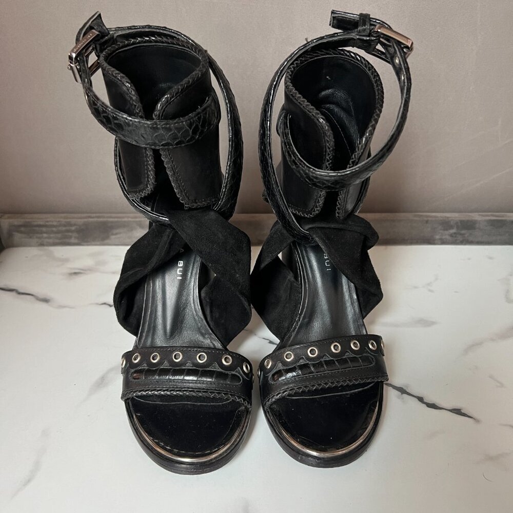 Barbara Bui Black Leather Grommet Buckle Gladiator Heels Size 37.5 - Picture 4 of 10